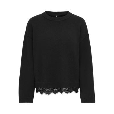 Strickpullover ONLY "ONLALIVIA LS LACE O-NECK CS KNT", Damen, Gr. XS, schwarz (schwarz detail:schwarz lace), Strick, Obermaterial: 84% Polyester, 7% Polyacryl, 5% Wolle, 4% Elasthan, regular fit normal, Rundhals, Pullover Strickpullover,...