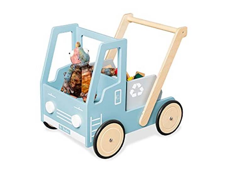 PINOLINO Lauflernwagen Kipplaster Fred, Kinder Lauflernhilfe mit Bremssystem, gummierte Holzräder, blau lackiert