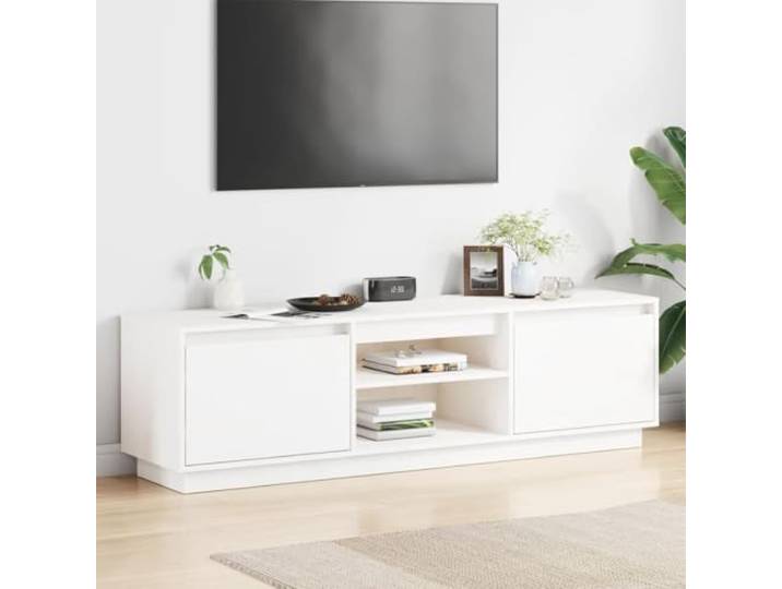 HEFZGDB TV-Schrank Weiß 140x35x40 cm Massivholz Kiefer mit 2 offenen Fächern und 2 Türfächern für Stauraum, Langlebiges Kiefern-Massivholz Lowboard für Wohnzimmer, Pflegeleichtes