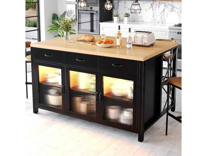 DUlVBPE Kücheninsel mit 3 Schubladen & Glastüren, Industrielles Design, 150x80x90cm, Beleuchtung, Verstellbare Füße, Schwarz-Natur
