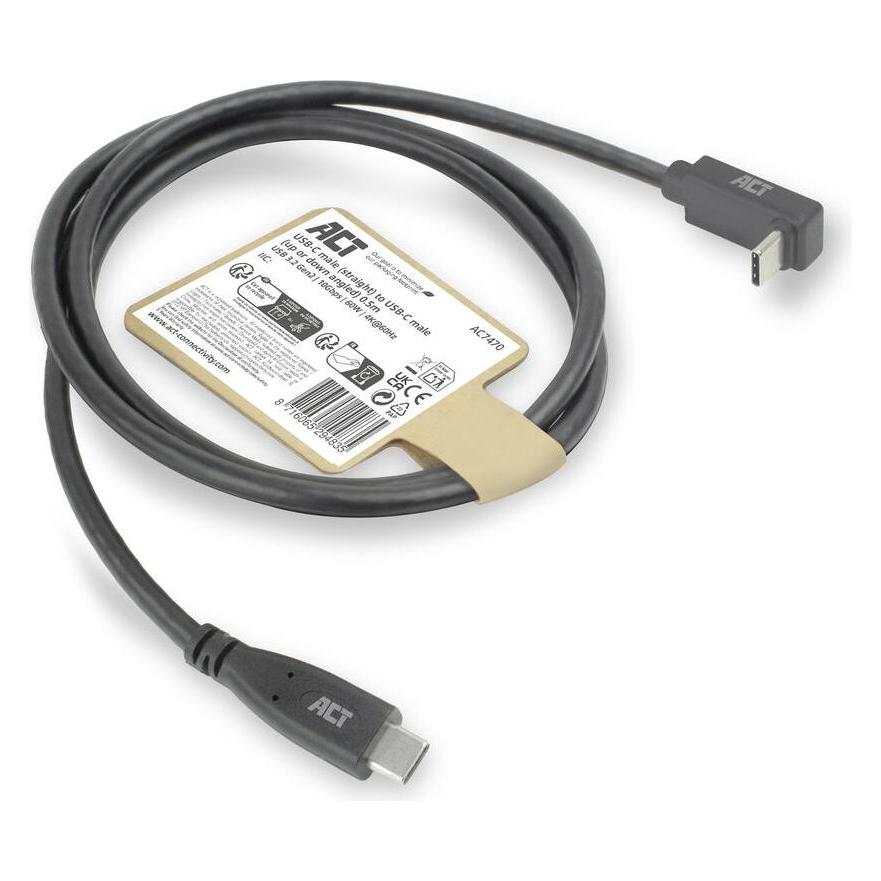 ACT USB 3.0 10Gbps 60W USB Type-C" (straight) to USB Type-C" (up/down angled) Cable, 2 meters (2 m, USB 3.2 Gen 2, 60 W) (AC7472)