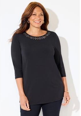 Plus Size Women's Embellished Stud Neckline Top by Catherines in Black (Size 5X)