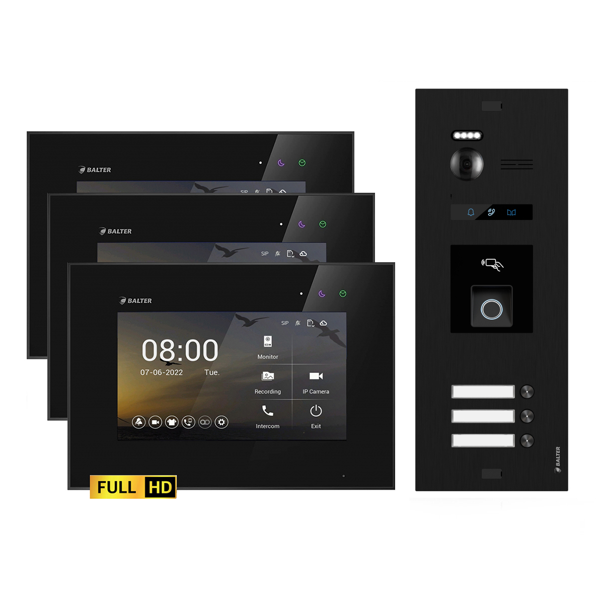 BALTER EVO HD Schwarz Video Türsprechanlage Fingerprint Set 3 Teilnehmer 3x7" Monitor Schwarz