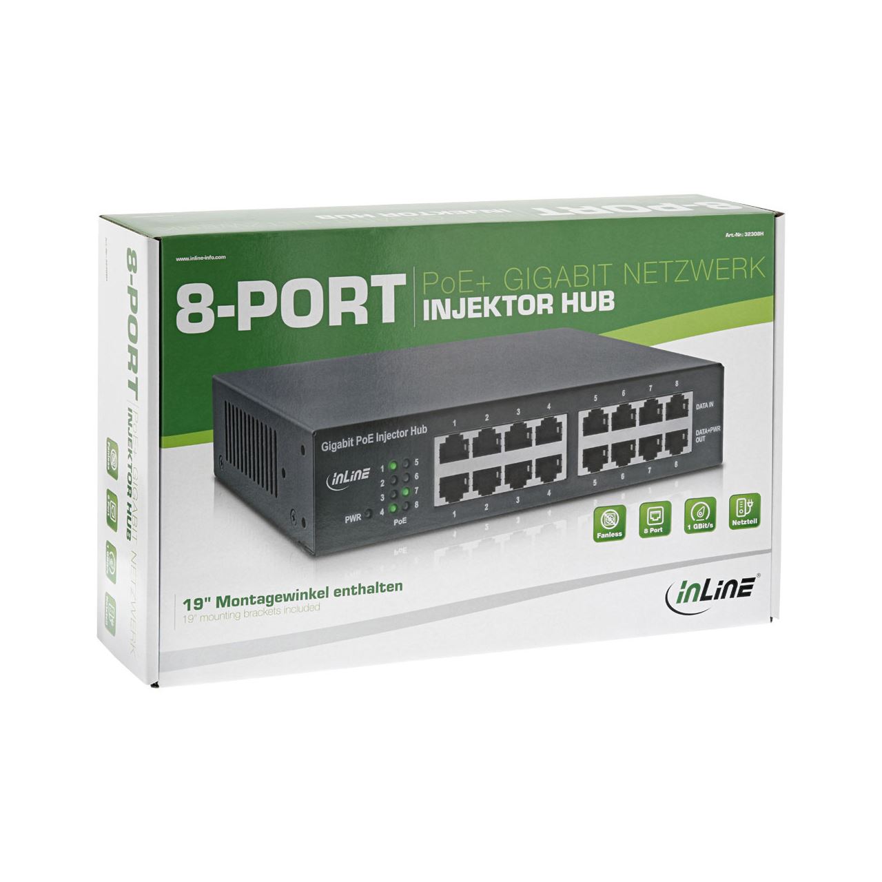InLine PoE+ Gigabit Netzwerk Injektor Hub 8 Port (8x PoE+), 1GBit/s, 19" (Winkel enthalten), Metall, lüfterlos