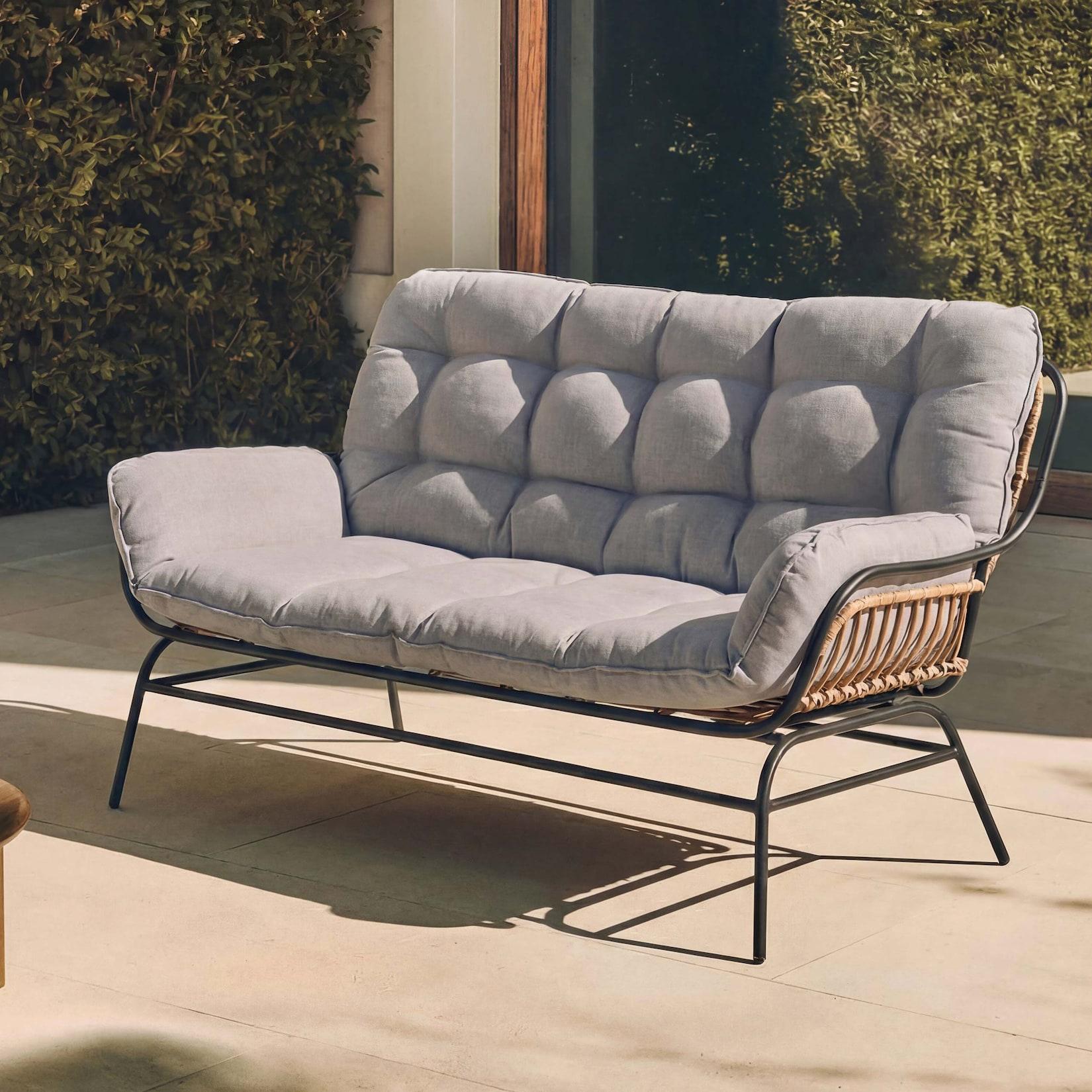 2er-Sofa MCW-P75, Gartensofa Gartenbank Couch 2-Sitzer, Stoff 220g/m² Poly-Rattan Metall ~ dunkelgrau, Polster hellgrau