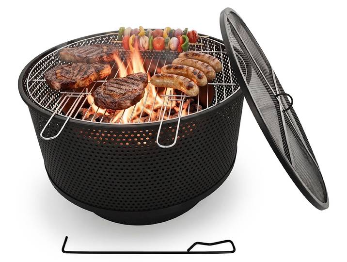 Relaxdays Feuerschale, Ø 61 cm, mit Grillrost, Funkenschutz & Schürhaken, 3 in 1 Feuerstelle Garten, Feuerkorb, schwarz