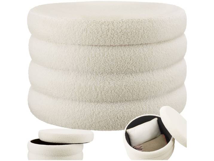 Tabouret - TECTAKE - Tabouret avec espace de rangement ALTU XL en bois MDF rond à l'aspect bouclé Ø 67 x 42 cm - Crème/Blanc