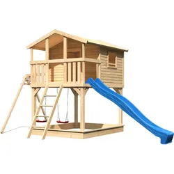 Akubi Kinderspielhaus Kinderspielgerät Benjamin inkl. Wellenrutsche und Doppelschaukelanbau naturbelassen Blau