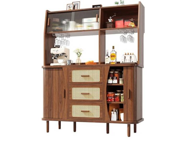 OUNICE Buffetschrank Rattan Glasvitrine Nussbaum-Optik 174,5cm Küche Schiebetüren platzsparend, 3 Schubladen, offene Fächer, Glashalter. Massivholzbeine, verstellbare Füße, Traglast 60kg