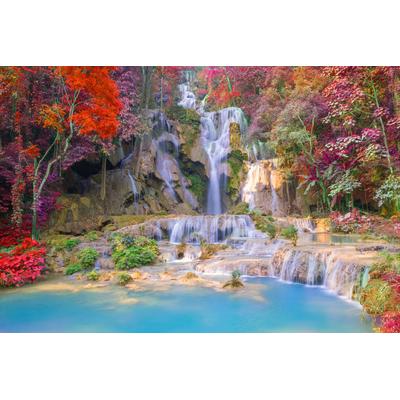 Fototapete PAPERMOON "WASSERFALL-BÄUME FLUSS SEE STEINE BLUMEN BERGE HERBST", bunt, B:3m L:2,23m, Vlies, Tapeten