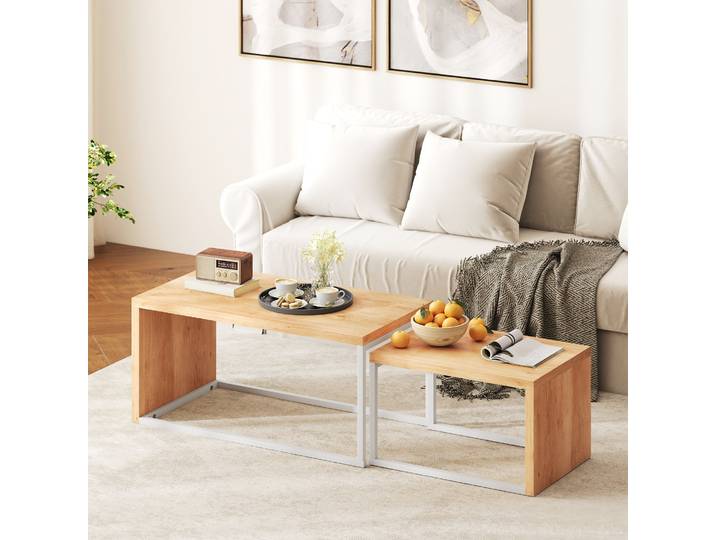 HOMCOM Tables Gigognes Modernes Métal Salon Naturel/Blanc