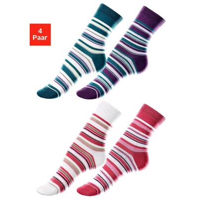 Socken LAVANA "Kinder Damen Socken Basic gestreift", Damen, Gr. 35-38, Sockengröße, bunt (beere, ecru, petrol, lila), Baumwolle, Baumwollmischung, Elasthan, Polyamid, geringelt, elastisch, Socken Socken, mit unterschiedlichen Ringel