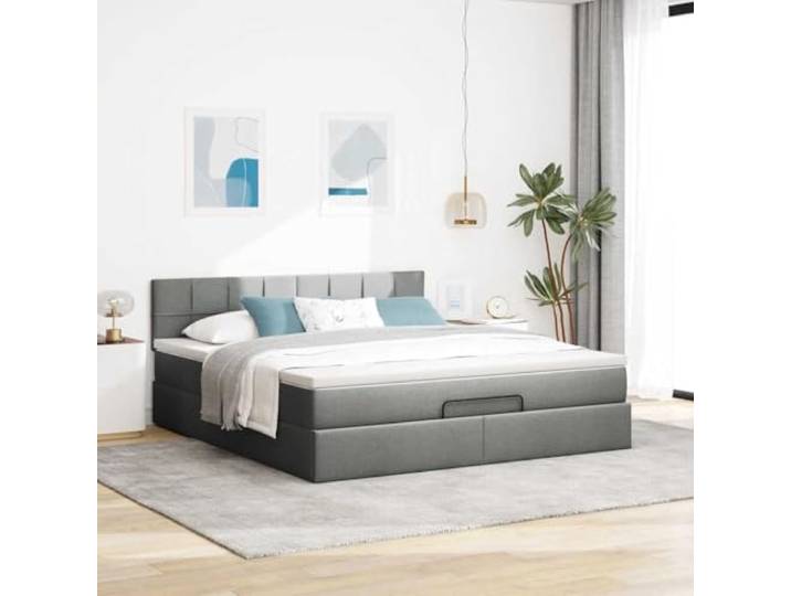 KTHLBRH Bett Pouf 160 x 200 cm mit Federkernmatratze Hydraulisches Heben, Bettkasten, dunkelgrauer Stoff, Kopfteil im Lieferumfang enthalten
