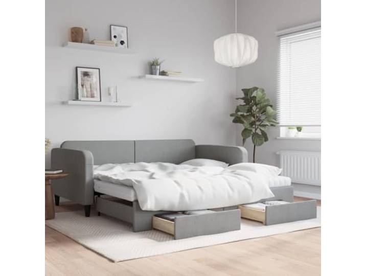 KFPOERTFGD Tagesbett Ausziehbar mit 2 Schubladen, Gästebett 100x200 cm, Sofa mit Schaumstoffmatratzen, Hellgrau, Holz Metall Gestell