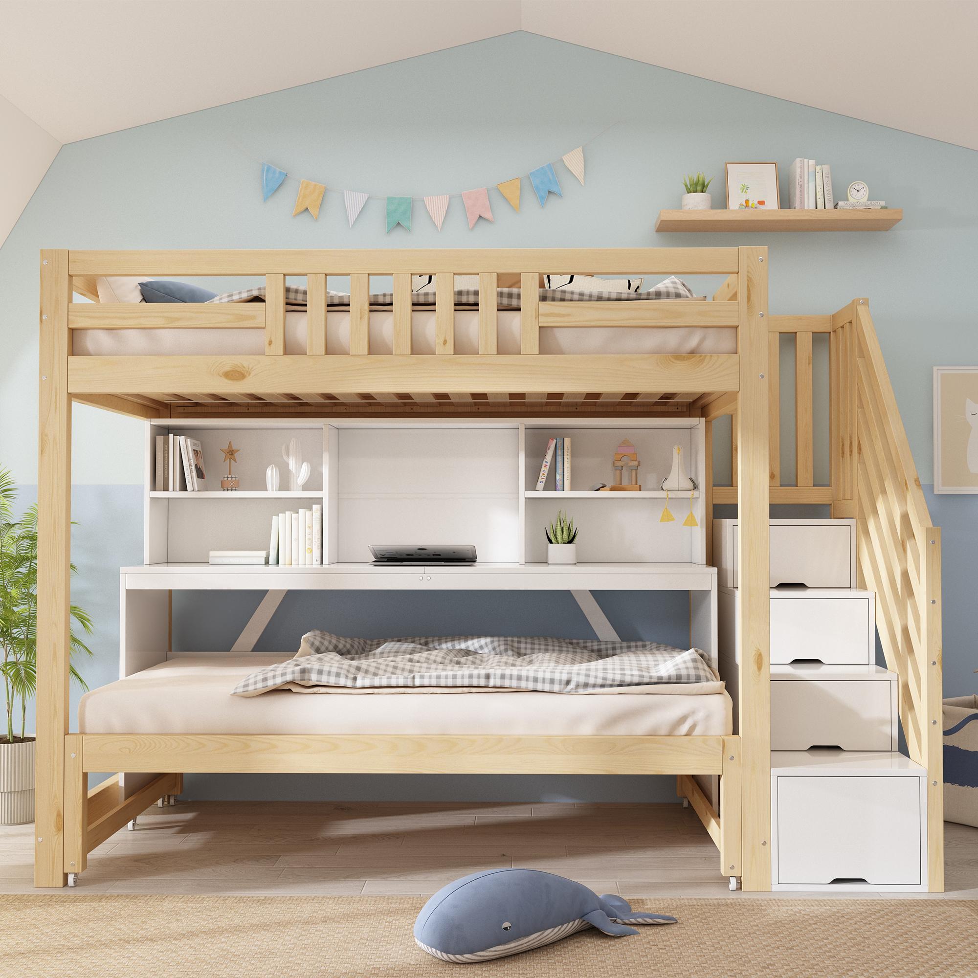 Flieks Etagenbett 90x200cm / 90x190cm, Hochbett mit Ausziehbarem Bett und Beweglichem Schreibtisch, Kinderbett Jugendbett mit Treppe, Naturbelassen