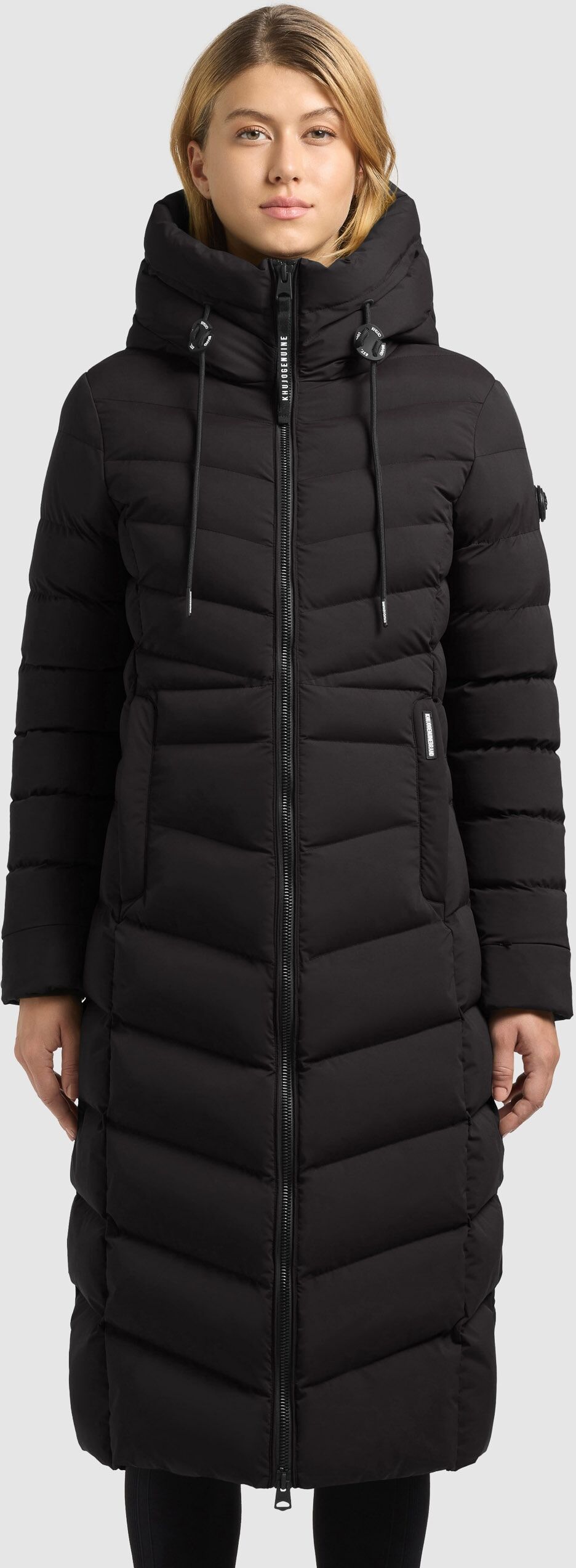 Steppmantel KHUJO "INGRAM6", Damen, Gr. L, schwarz, Web, Obermaterial: 100% Polyester. Futter: 100% Nylon. Füllung: 100% Polyester, unifarben, wadenlang, elastischer Bund, Mäntel Steppmantel, mit Wiener Naht, 2-Wege Reissverschluss schwarz L
