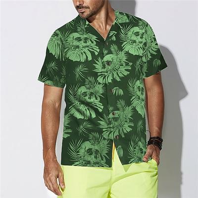 Herren Totenkopf Motiv Blätter Tropische Pflanzen Hemd Hawaiihemd Sommerhemd Aloha-Shirt Kurzarm Hemd Umlegekragen Tropisch Modisch Hawaiianisch Casual Hawaiianisch Festtage Schwarz Purpur Braun S M L