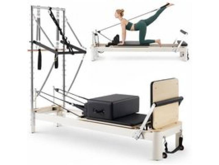 VEVOR Reformer Pilates avec Tour 2,4 m, Machine de Pilates Charge 181 kg, pour Studio Yoga Gym Domicile, Résistance Personnalisable, Réformateur en Alliage d'Aluminium, Avec Planche de Saut et Boîte