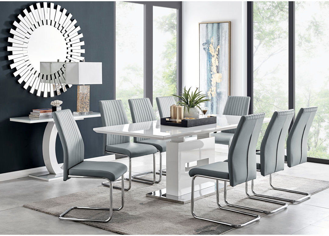 Canora Grey Alezzo Modern High Gloss Extendable Dining Table Set with 8 Upholstered Faux Leather Dining Chairs Grey 8
