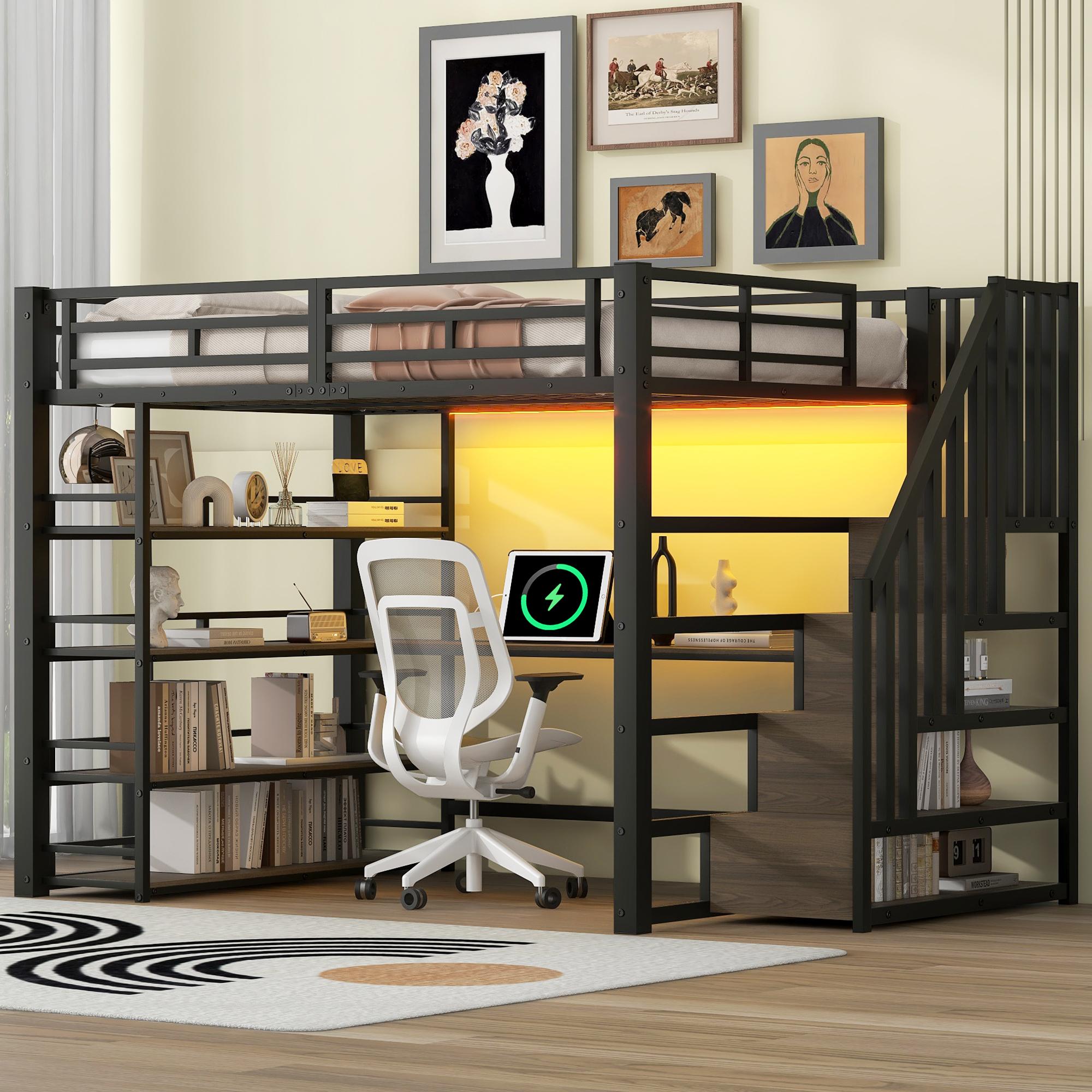 Flieks Etagenbett 140x200cm mit Schreibtisch und Regal, Kinderbett Jugendbett Metallbett mit Led und Ladefunktion, Doppelbett mit Treppe, Schwarz