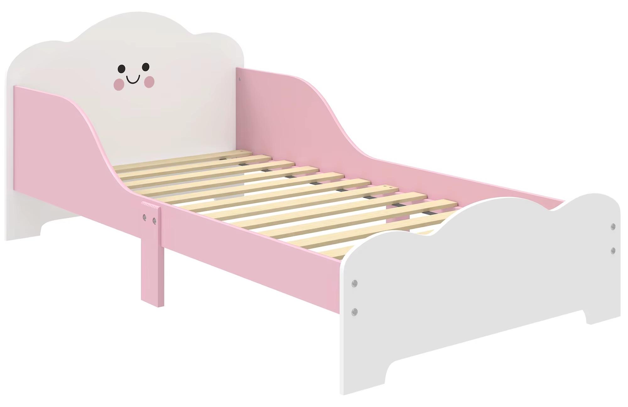 Kinderbett mit Smiley-Gesicht - Kleinkinderbett - Schutzgitter - Holz - Stabil - Selbstmontage - Rosa