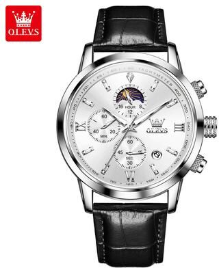 GlowBake Luxury Brand Men Quartz Watch, Waterproof Chronograph Moonphase Watch For Men, New Fashion Multifunction Timepiece black White
