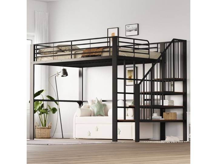 Lit Mezzanine en Métal 140x200 cm Escalier Intégré Grand Espace Aménageable sous Lit Gain de Place pour Enfant et Adulte