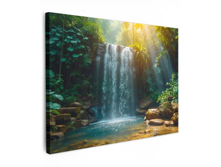 MuchoWow Leinwandbild - Wasserfall - Dschungel - Sonne - Grün - Natur - 80x60 - Malerei, Textil, Kiefer, Abstrakt, Rechteckig, 80x60 cm, gerahmt, Bilder & Rahmen, Bilder, Wandbilder