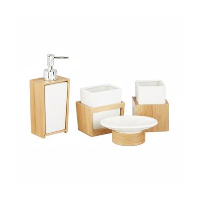 Relaxdays Badezimmer Set, 4-teiliges Badzubehör aus Keramik und Bambus, Seifenspender und Zahnputzbecher, natur-weiß