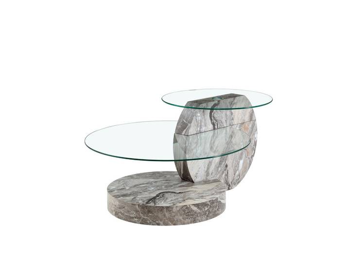 Redom Couchtisch 90/70/44 cm mit 2 Ebenen und Sicherheitsglas, runder Wohnzimmertisch in Marmoroptik, Grau/Transparent, 70x44x90 cm, Wohnzimmer, Wohnzimmertische, Couchtische