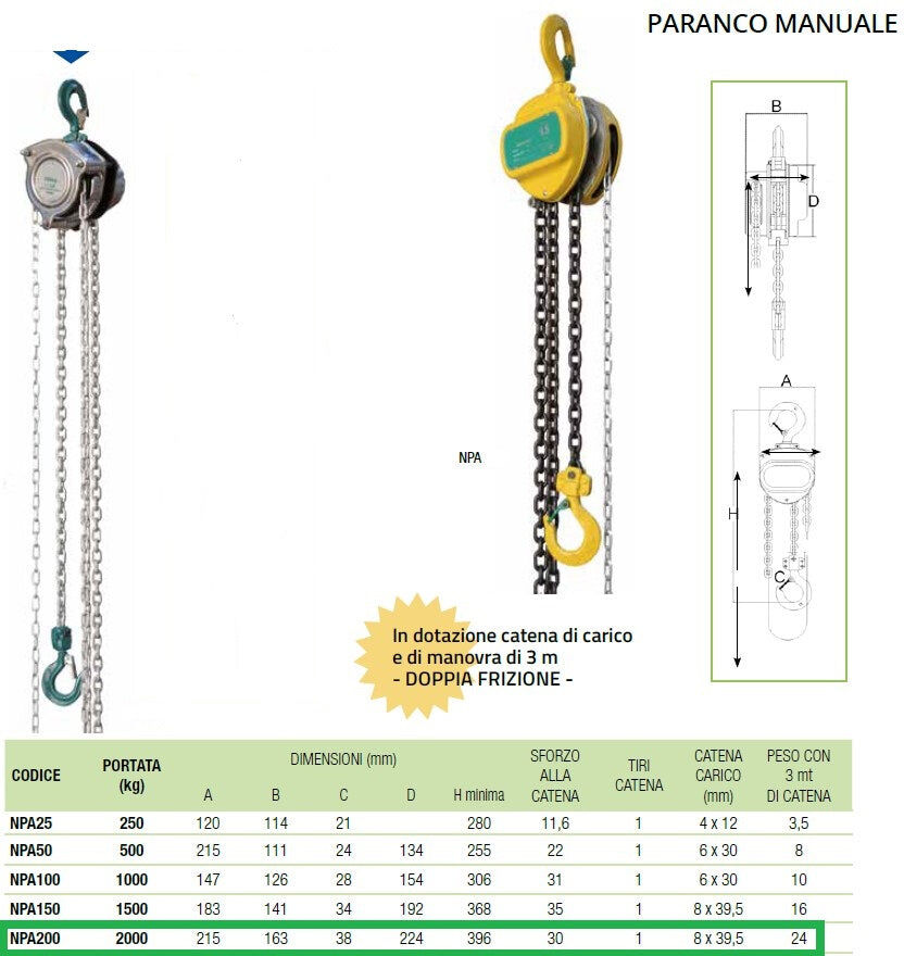 Novamach NPA200 paranco catena manuale portata 2000 kg , catena 12 metri di tiro , 3 metri catena manovra