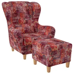 Supellex Sofia Ohrensessel mit Hocker | Patchwork, Samt-Velours, Orient Rot