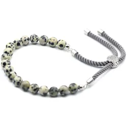 925 Silver Plated Gemstone Charcoal String Bracelet - Dalmation Jasper