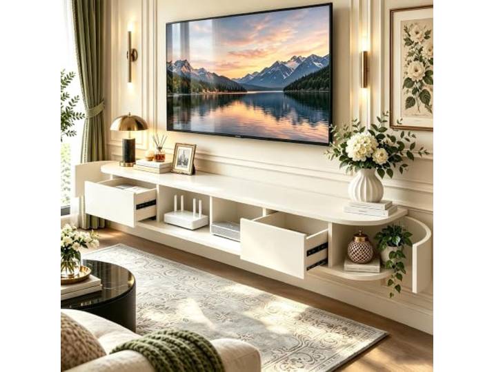 ATHOMASM Modern Wandmontiertes TV-Möbel, TV-Wandboard Aus Massiver Eiche, Holz-Medienkonsole Mit Schubladen, Schwebendes TV-Board, Für Wohnzimmer, Minimalistisches Weißes TV-Unterschrank(Weiß,240cm)