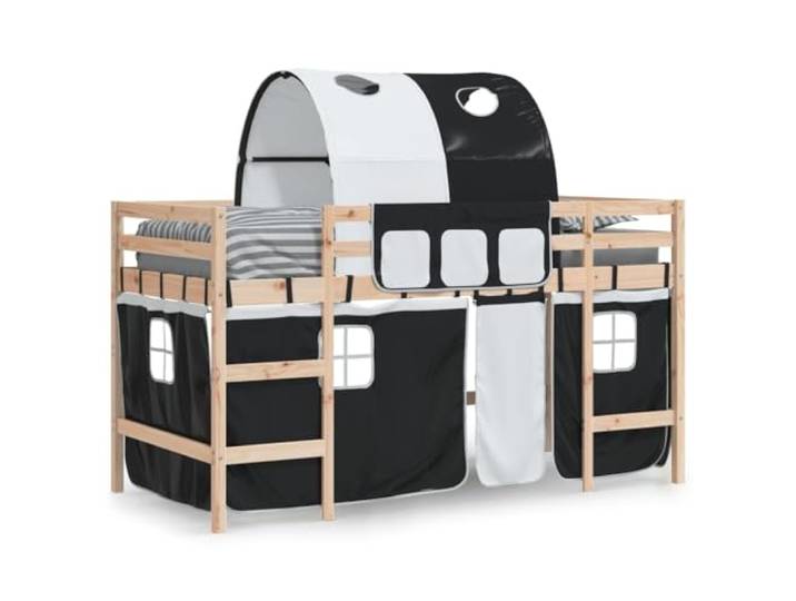 KTHLBRH Hochbett für Kinder, 80 x 200 cm, Kiefer mit Tunnel Massivholz, Sicherheitsgitter 4 Seiten, Leiter inklusive, Weiß und Schwarz