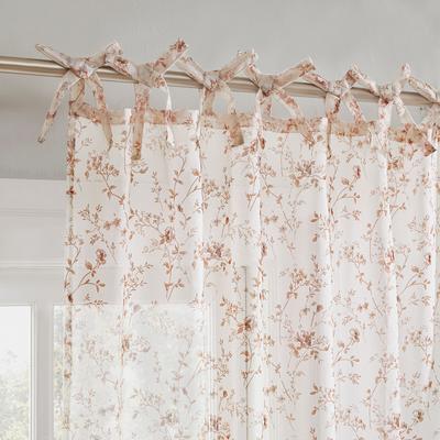 No. 918 Lioren Tonal Floral Sheer Pre-Tied Bow Tab Top 2-Piece Curtain Panel Pair