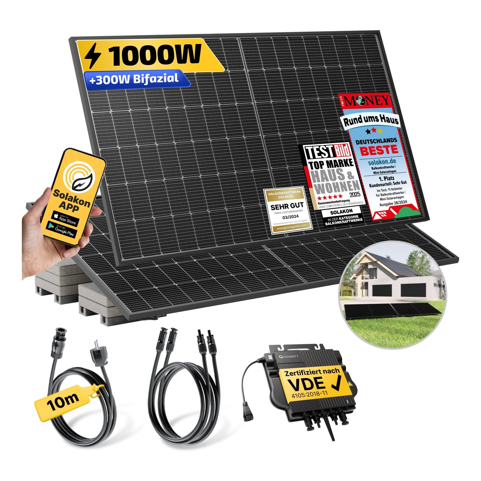 Balkonkraftwerk 1000W/800W Solaranlage mit Garten Halterung Steckerfertig WIFI Komplettset Photovoltaik Anlage 800W, Kabellänge: 10m