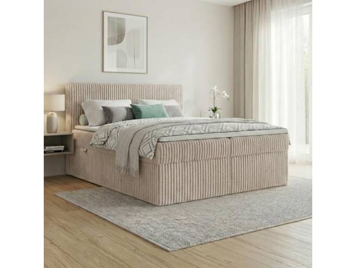 A&J MöbelLand Boxspringbett RALF 120x200 mit Bettkasten und Topper – Bonellmatratze H2 – Stauraum in Beige