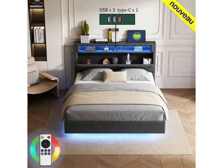 Lit Double Coffre 140x200 - OEM - LED RGB - Prise USB - Tête de Lit Réversible - Pieds Cachés