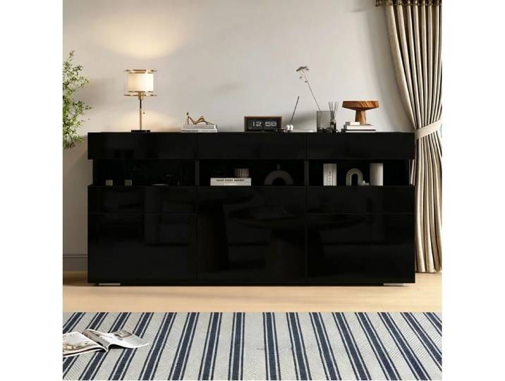 ROVRYN Buffet bas de salon 140 cm noir brillant 3 portes LED USB contrôlée par application