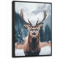LEINWAND Bilder mit Rahmen - Hirsche - Tiere - Landschaft - Winter - Schnee - 30x40