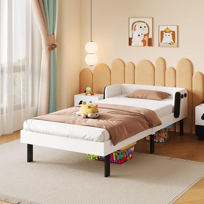 Kinderbett Mädchen Polsterbett 90x200cm, Einzelbett mit Beiden Seitenscheiben, Kinder Bett, Süße Welpen Form Plattform Bett, Massivholz Bettgestell mit Lattenrost. (Weiß-A, 90x200cm)
