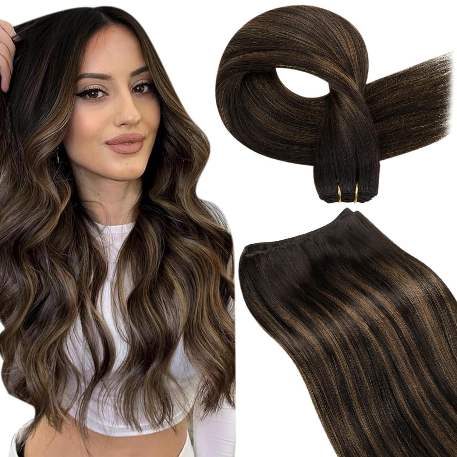 Haartressen Echthaar 60cm Braun Balayage Dunkelbraun Ombre Hellbraun 120g