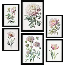 POSTER Set Mit 6 Pinke Blumen Vollfarbige Natur Und Botanikdrucke Mit Blumenmotiven Auf Reinweißen Hintergründen A3 & A4 Schwarzer Rahmen
