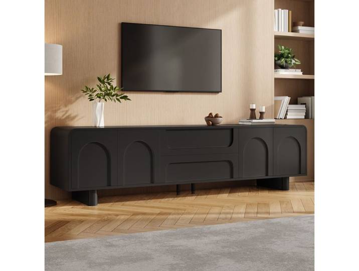 WOVREO Meuble TV bas 180 cm noir 4 portes 2 tiroirs MDF et panneaux de particules