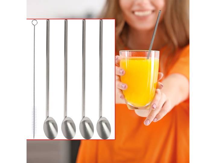 2in1-Trinkhalm-Löffel aus Edelstahl, 5-teilig inkl. Reinigungsbürste