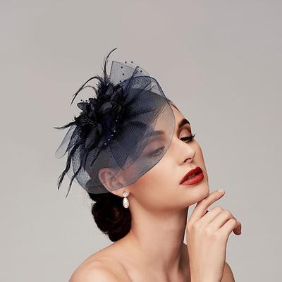 Federn/Netz-Fascinator, Kentucky-Derby-Hut/Kopfbedeckung mit Feder/Mütze/Blume, 1 Stück, Hochzeit/Pferderennen/Damentags-Kopfbedeckung