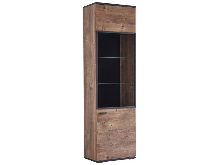 Cantus Vitrine Bastian, Eiche, Dunkelgrau, Metall, Glas, 3 Holz + 2 Glas Fächer, 60x206x37 cm, Typenauswahl, Beimöbel erhältlich, stehend, Wohnzimmer, Wohnwände, Vitrinenschränke