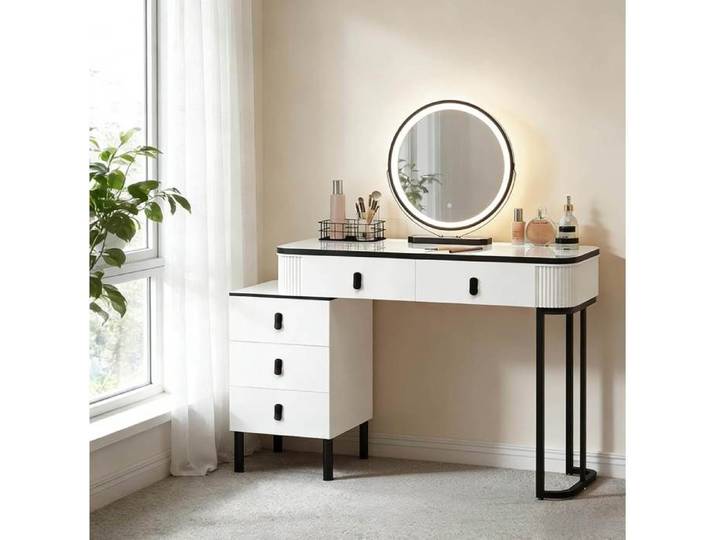 Coiffeuse blanche et noire 100 x 40 x 126 cm miroir LED 360° 5 tiroirs rangement structure métal
