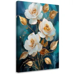 WANDBILD weiße und goldene rosenblüten auf blauem hintergrund